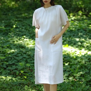 linen dress for women, summer midi dress, loose fit dress with pockets, simple white dress, short sleeves dress, plus size clothing F678