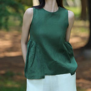 Green linen tops for women Summer sleeveless blouses tank tops loose casual tops Back full button vest custom boho plus size clothing F623