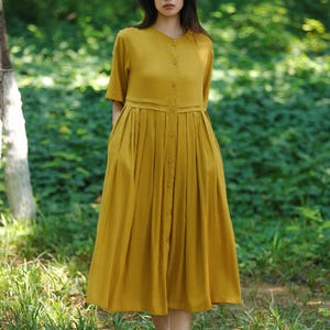 Women Vintage Cotton Linen Dress Midi Shirt Dress Modest Linen Dress ...