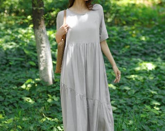 Vestido de verano holgado de corte A con vuelo, de algodón y lino, con tutú y manga corta, talla grande, personalizado, F676