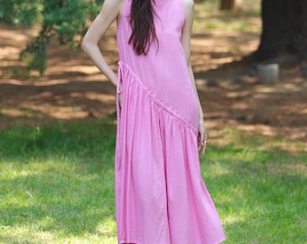 Vestido midi sin mangas de algodón y lino: Vestido de playa rosa de verano, vestido de lino sin mangas, ropa de tallas grandes F664