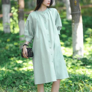 Women Oversized Linen Shirt Dress, Button Down Midi Dress with Puff Sleeves & Side Pockets F681