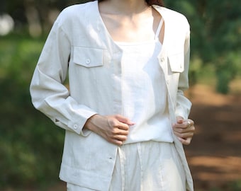 Linen long sleeve jacket, spring work cardigan, summer linen coat, women linen blouses, linen shirts, tunic tops, plus size clothing F619