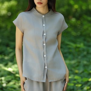 Women linen shirts short sleeves blouses summer tops casual fit tops formal shirts Gray tops button blouse custom plus size clothing F715