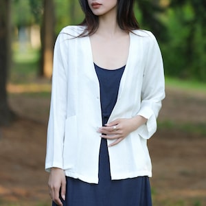 Frauen Frühling Sommer Leinen Strickjacke, lose lässige Langarm Leinen Mantel, Flachs Leinen Blazer, Leinen Tunika Bluse, Kleidung in Übergröße F700