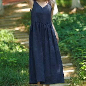 women 100% linen dress, sleeveless dress, linen sundress, strappy dress, tank dress, V-neck linen maxi dress, custom plus size clothing F669