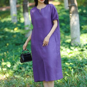 100% linen dress for Women, short sleeves long dress, linen tunic dress, linen oversized dress, loose drop shoulder linen dress custom F643