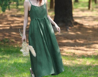 100% linen dress, women strappy dress, summer cami dress, linen slip dress, sleeveless midi dress, boho linen dress, plus size clothing F132