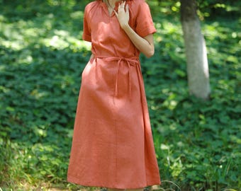 Vestido 100% lino, corte en A con cinturón, de verano, holgado, con escote en V, de inspiración vintage, talla grande F696