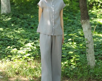 Pantalones de lino de pierna ancha para mujer, cintura elástica, corte holgado y bolsillos F744