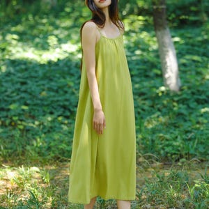 Women&#39;s green cotton linen maxi dress Adjustable strap A-line dress cotton nightie silp long dress Bohemian beach dress for wedding F742