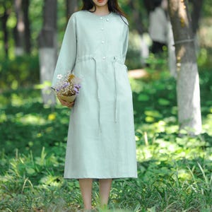 Women 100% linen dress,  linen dress with ties, long sleeve dress, loose fit dress, spring midi dress, Plus size dress, custom handmade F705
