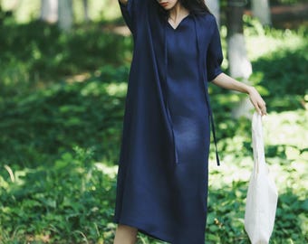 100% linen dress for women, V-neck linen dress, short sleeves long dress, oversized dress, plus size dress F683