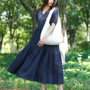 Pure linen dress with pockets Vintage v neck dress Tutu dress Short sleeve dress Maxi dress with ruffles Wedding dress Gifts for girls F672