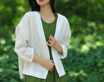 Loose Long Sleeve Linen Cardigan Simple Linen Jacket Boho Linen Coat oversiezed summer linen tops buttonless linen shirt plus size F620 6