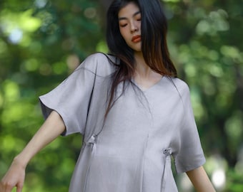 Women pure linen kaftan dress, Lined midi dress with waist tie and pockets, Loose Fit Linen Dress, Handmade custom, Plus Size Clothing F677