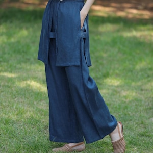 Elastic waist linen trousers, linen casual apron pants, wide-Leg linen pants, two Layer long pants, harem pants, plus size clothing F751