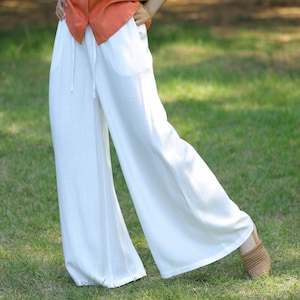 Women cotton linen trousers wide leg pants linen yoga pants soft cotton flowy pants Elastic waistband maxi pants custom boho clothing A117