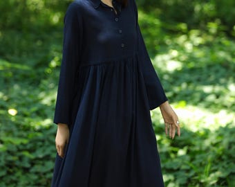 Vestido de lino y algodón para mujer, vestido midi holgado, vestido de corte A, vestido vintage, vestido de manga larga con lazos, ropa de talla grande personalizada F703