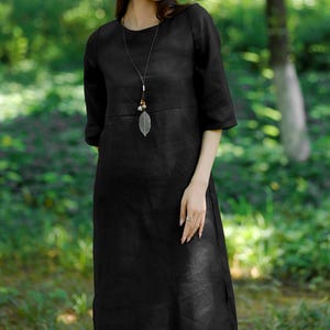 Black linen dress with pockets women summmer dress casual fit dress linen round neck dress knee dress formal dress plus size clothing F659