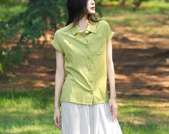 Women's Cotton Linen Button Down Shirt, Short Sleeve Collared Blouse with Back Detail & Cuffed Sleeves F714