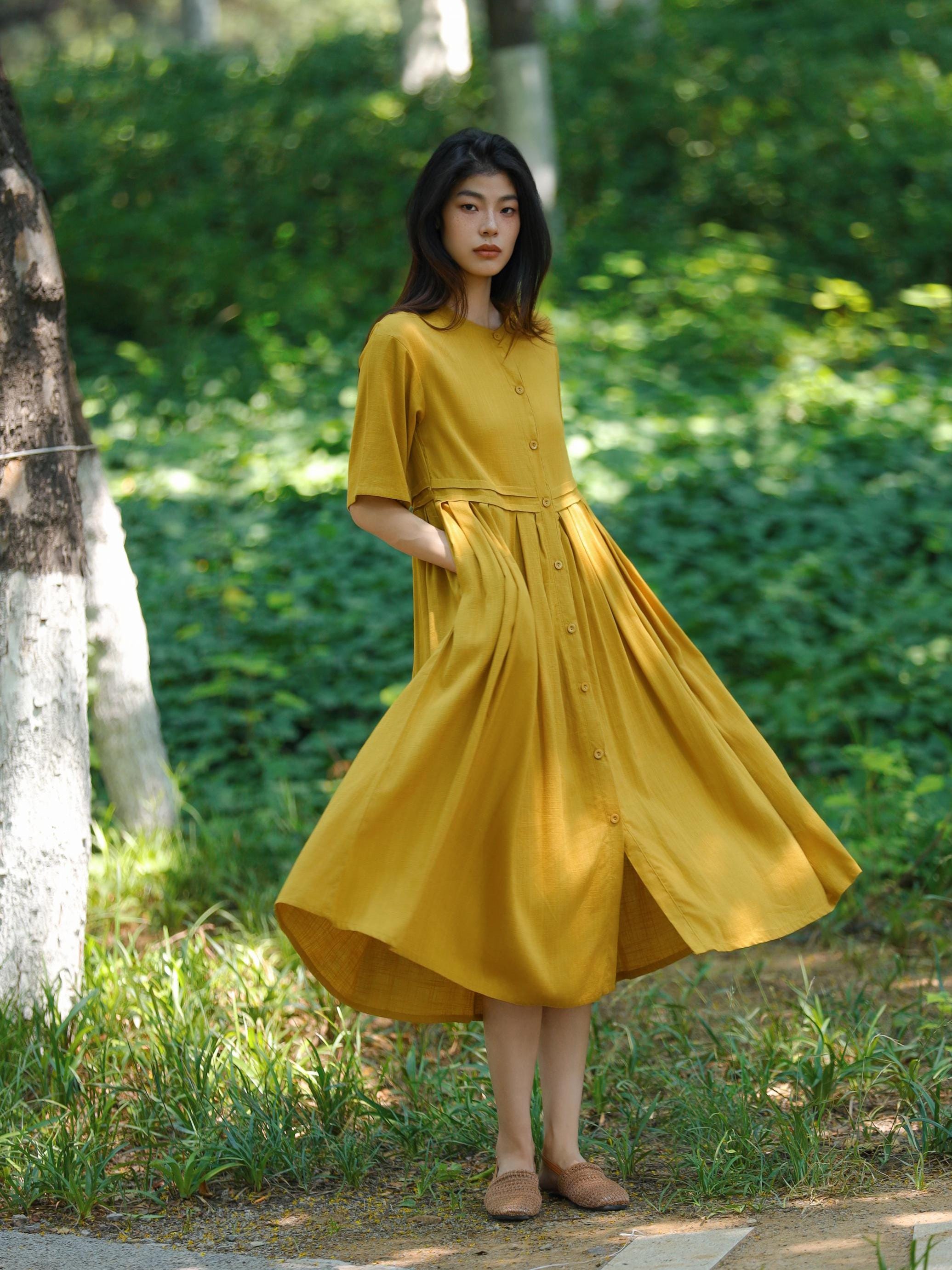 Women Vintage Cotton Linen Dress Midi Shirt Dress Modest Linen Dress ...