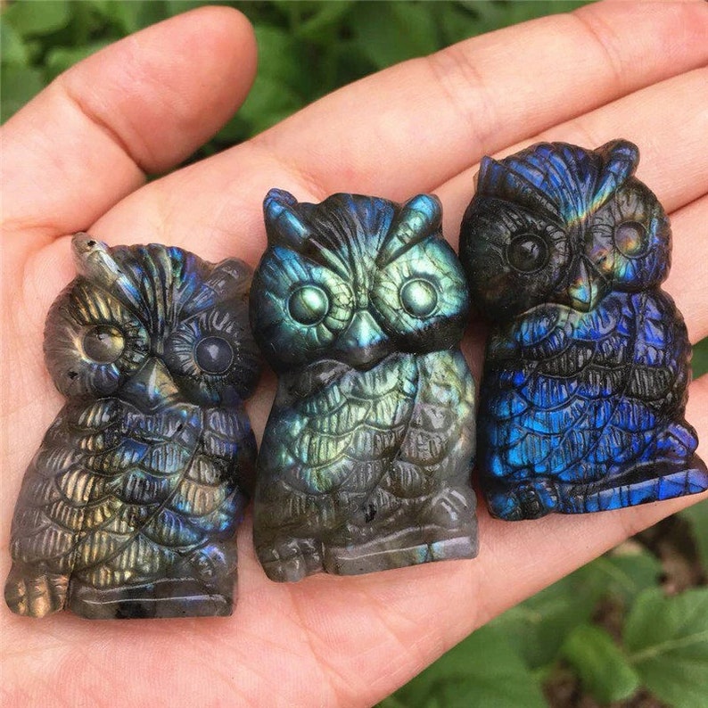 natural Labradorite stone Quartz Crystal hand Carved Owl image 2