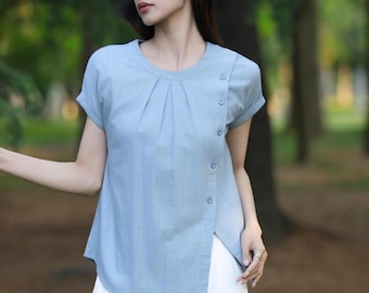 Klassisches Leinen-Top mit Rundhalsausschnitt, Damen-Baumwoll-Leinen-Knopfblusen, Vintage-Kurzarmhemd, Sommertops, Kleidung in Übergröße F639