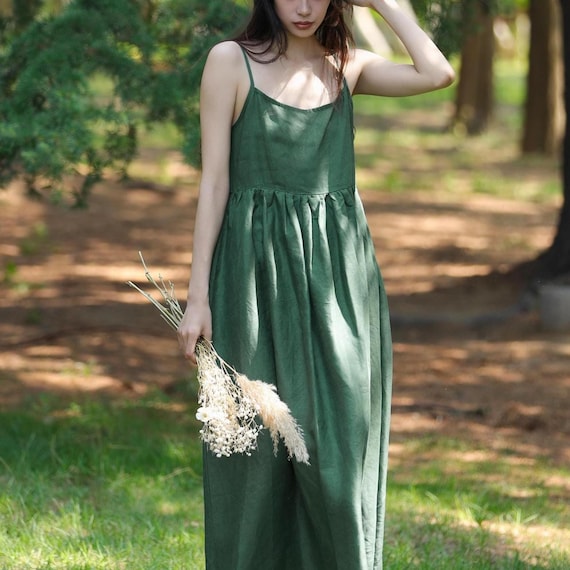 women's linen dress, linen sleeveless sundress, summer slip dress, green adjustable strap dress, boho linen dress, plus size clothing F132
