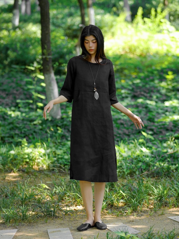 chinese dress ladies Short Sleeve Linen Midi Dress (Black)