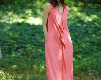 Vestido sin mangas de lino y algodón, vestido informal de tirantes, vestido playero para mujer, vestido con volantes, vestido con escote en V profundo, vestido ajustado F654