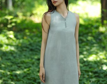 STOCK 65% sale/ 11# Light Green/ size S, summer sleeveless dress, simple v neck tank dress, pure linen slip dress, shift long sundress F682