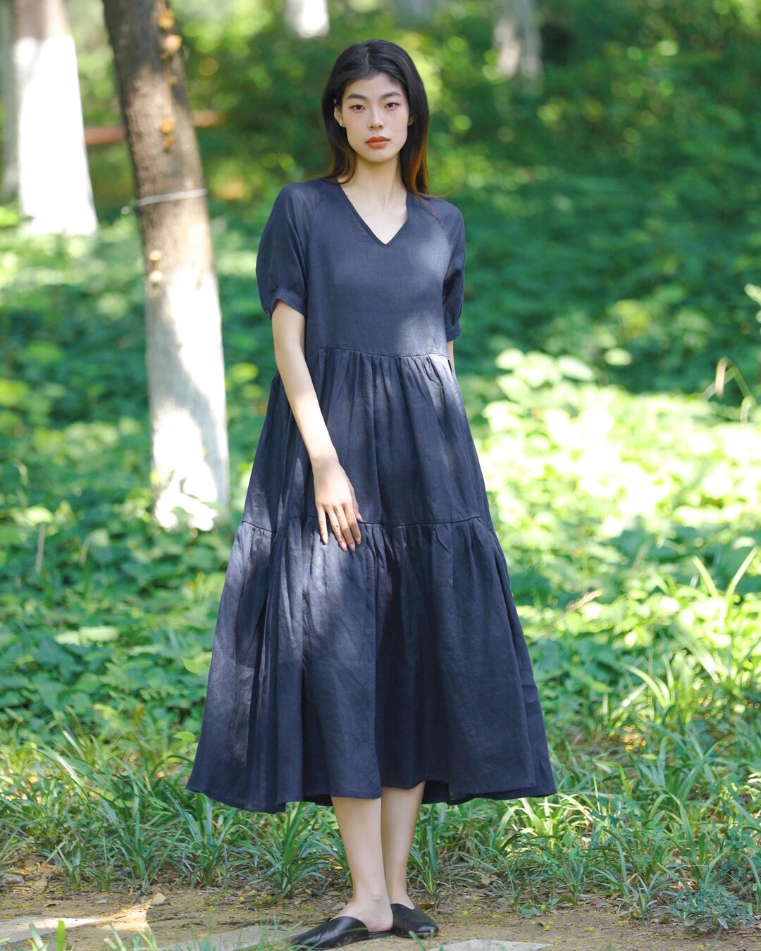 Women’s V Neck Linen Dress With Pockets, Summer Short Sleeve Midi Dress ...