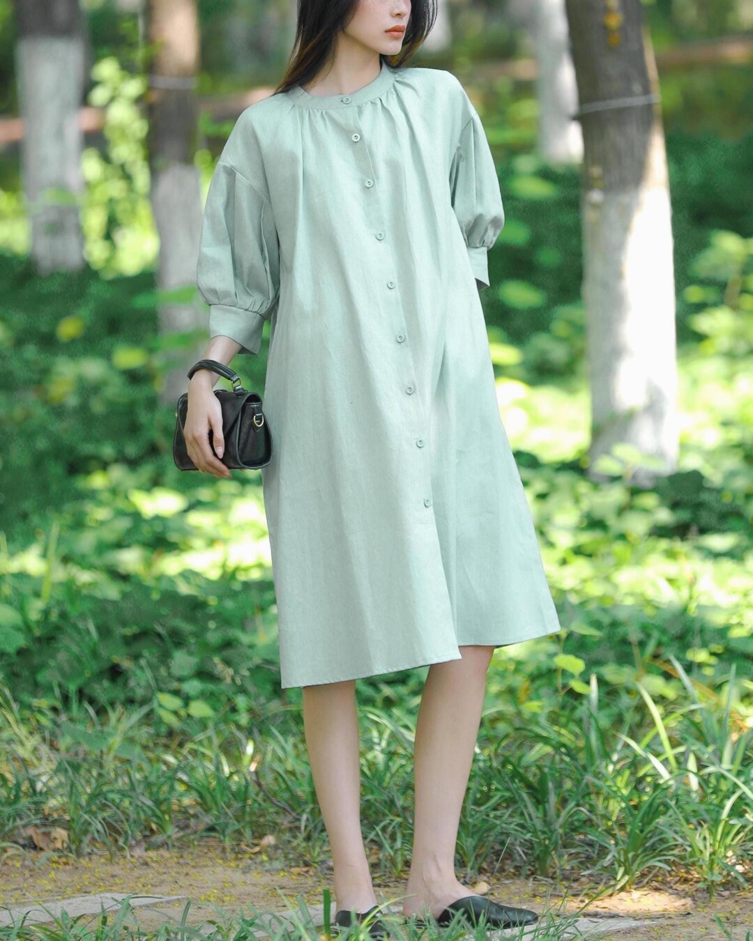 Women Oversized Linen Shirt Dress, Button Down Midi Dress With Puff ...