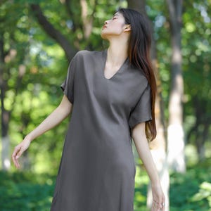 100% linen dress for women, gray dress with pockets, office wear dress, simple linen dress, short sleeve dress, plus size clothing F688