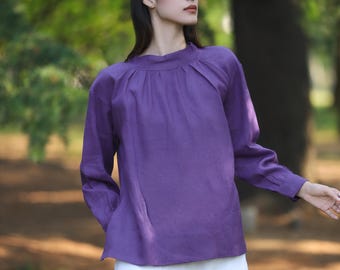 Blusa de lino extragrande para mujer, manga larga, cuello fruncido, abertura en la espalda y aberturas laterales F724
