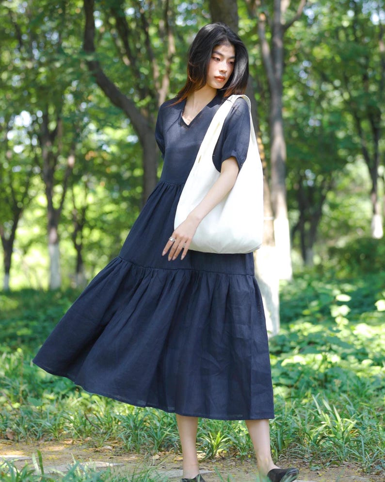 Women’s V Neck Linen Dress With Pockets, Summer Short Sleeve Midi Dress ...