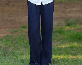 pantaloni in cotone e lino per donna, pantaloni a gamba larga, pantaloni lunghi e fluidi, pantaloni elastici a vita alta con coulisse, abbigliamento personalizzato taglie forti F745