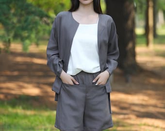Pantalones cortos de lino de verano para mujer, pantalones cortos casuales sueltos, pantalones con bolsillos, pantalones cortos con cintura elástica, ropa de talla grande F748