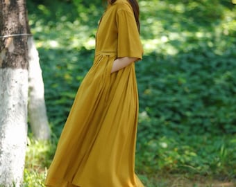 Vestido vintage de lino y algodón, vestido camisero midi, vestido de lino amarillo, vestido cruzado, vestido de manga corta, vestido con vuelo, ropa de talla grande F653