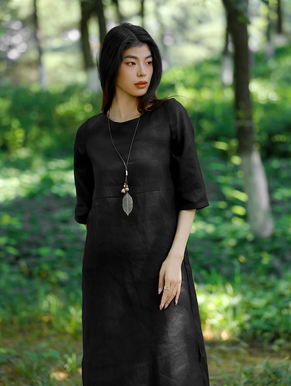 Black linen dress with pockets women summmer dress casual fit dress linen round neck dress knee dress formal dress plus size clothing F659