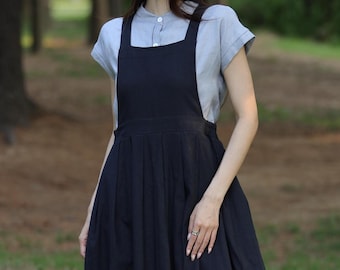 linen vest dress with side pockets, sleeveless midi dress, swing tank dress, long apron dress, retro pinafore dress, plus size clothing F21