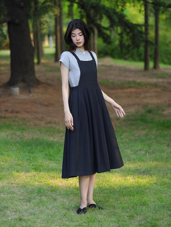 Women's Summer Linen Sleeveless Dress, Loose Casual Black Strap Dress, Apron Pinafore Dress, Vintage Slip Midi Dress, Plus Size Clothing F21