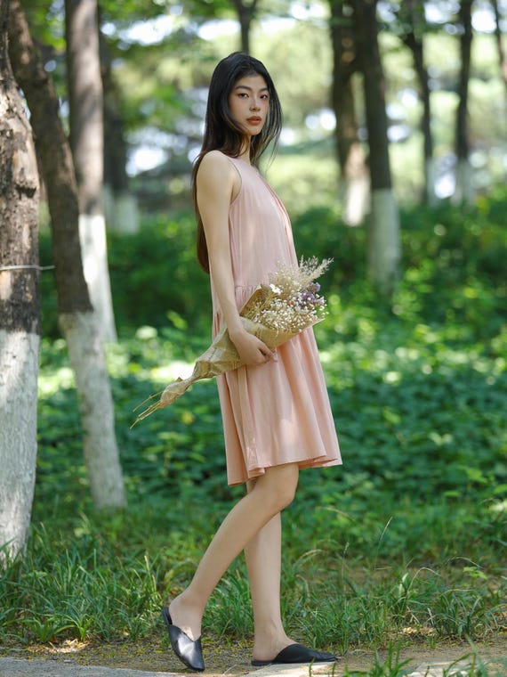 white christmas dresses V Neck Cotton Linen Poplin Dress | Goji Berry