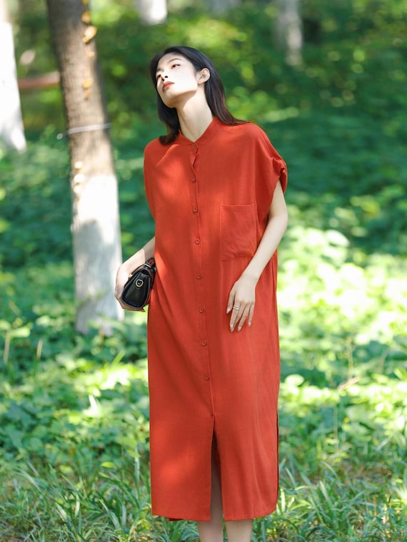 chinese dress ladies Linen Tunic Dress with Pockets – Old Linen Mill