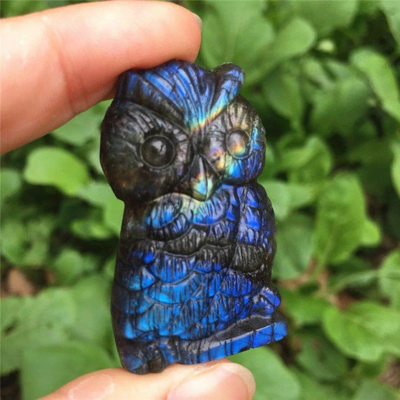 natural Labradorite stone Quartz Crystal hand Carved Owl image 1