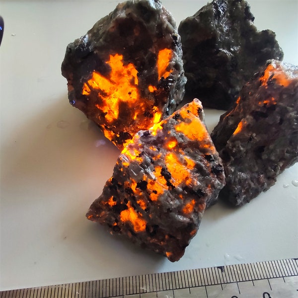 Natural Yooperlites Flame Stone Syenite containing Fluorescent Sodalite Mineral Rough Crystal Long-wave UV Collection Specimens