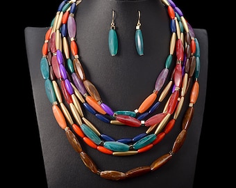 Newest fashion color beads multi layer necklace women party jewelry bohemian statement necklace African bead jewelry set