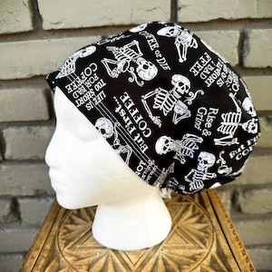 Skull Scrub Cap, Coffee Scrub Cap,  Rise and Grind, Surgical Scrub Cap, Scrub Caps for Women, Scrub Hats, Euro Pixie Toggle Hat