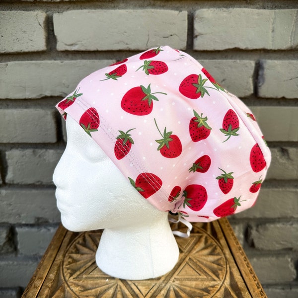Strawberry Scrub Cap, Pink Scrub Cap, Surgical Scrub Cap, Scrub Cap for Woman, Scrub Hats, Euro Scrub Cap for Woman with Toggle